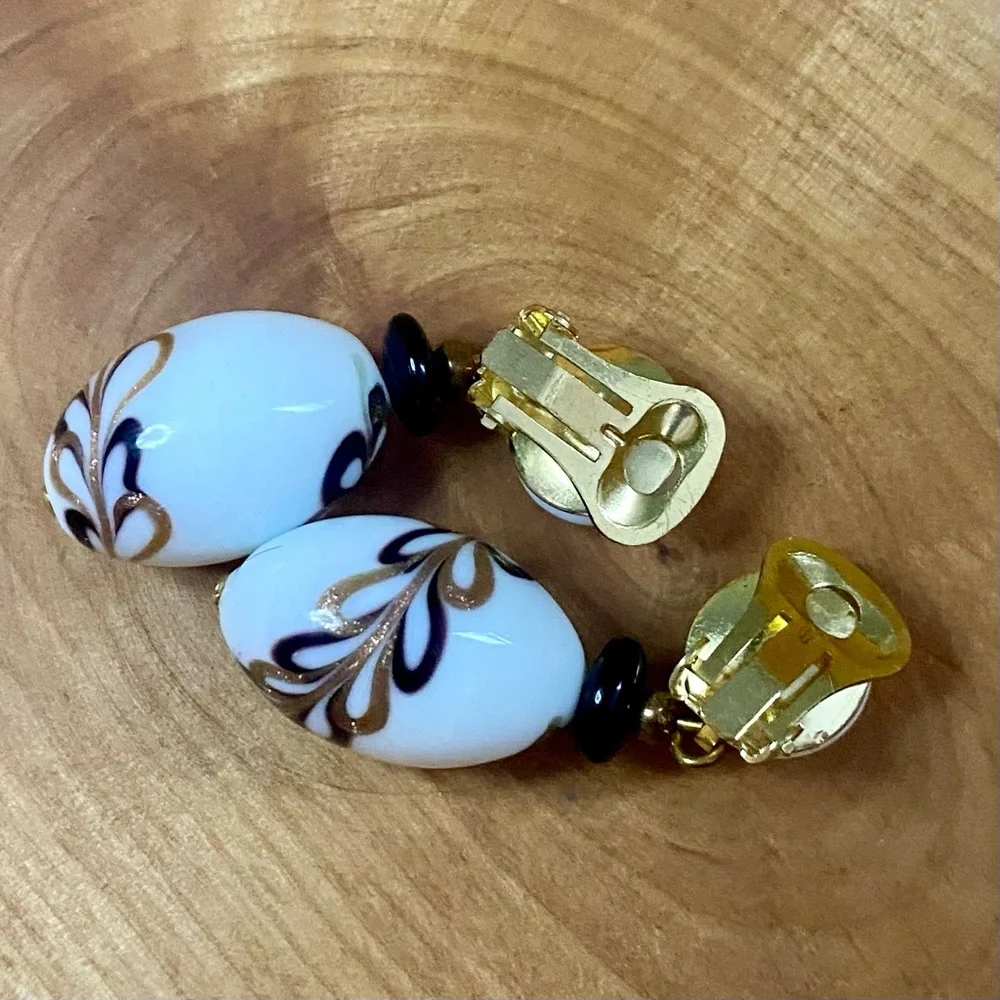Vintage Milk Glass Clip-On Earrings – 1.5” Ovals w/ Brown & Gold Venetian Swirl